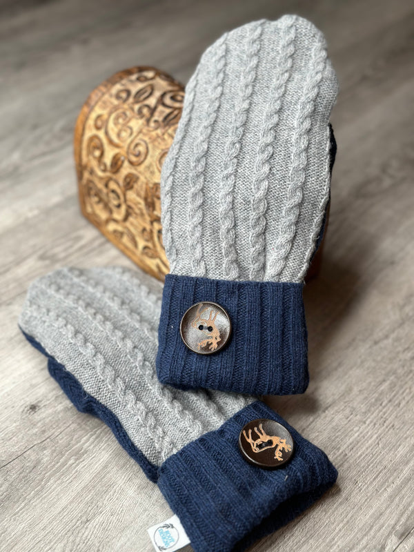 Adult Grey Cable Knit & Navy Cuff Wool Mitts with Buck Wood Button