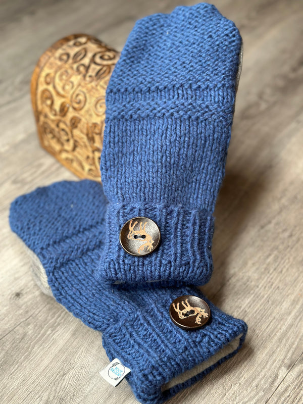 Adult Royal Blue Wool Mitts with Buck Button