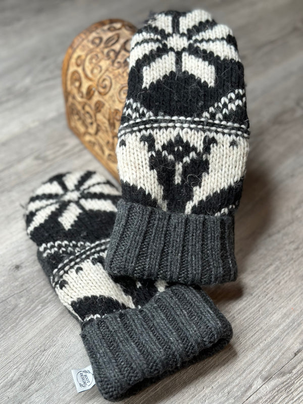 Adult Black & Cream Wool Mitts with Heathered Charcoal Cuff