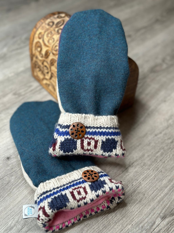 Adult Teal & Pattern Cuff Wool Mitts with Round Wood Button