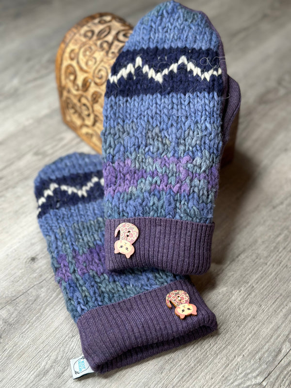 Adult Blues Stripe & Pattern Wool Mitts with Purple Cuff