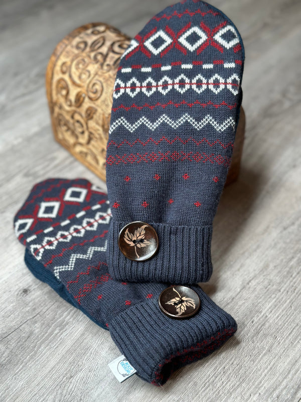 Adult Classic Red & Navy Pattern Wool Mitts with Wood Leaf Button