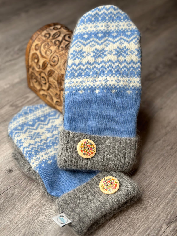 Adult Soft Blue & White Wool Mitts with Grey Cuff