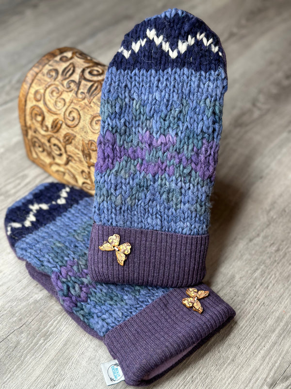 Adult Blues Stripe & Pattern Wool Mitts with Butterfly Button