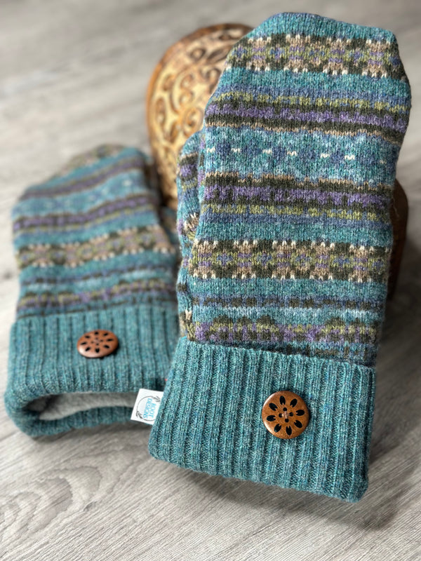 Adult Cozy Teal Pattern with  Round Wood Button Mitts