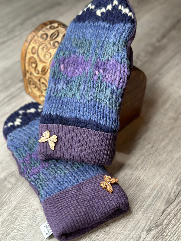 Adult Blues Stripe & Pattern Wool Mitts with Butterfly Button