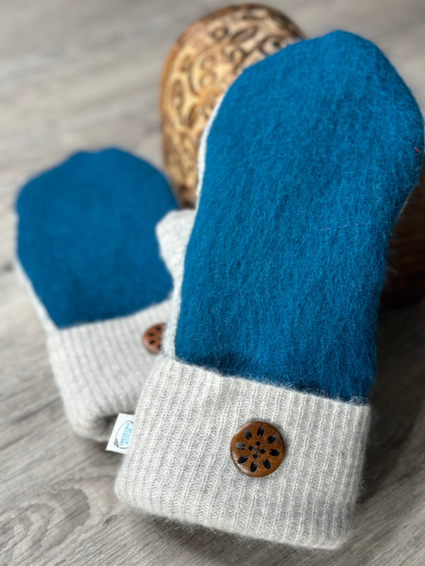 Adult Pacific Ocean Blue with Creamy Cuff & Round Wood Button Mitts
