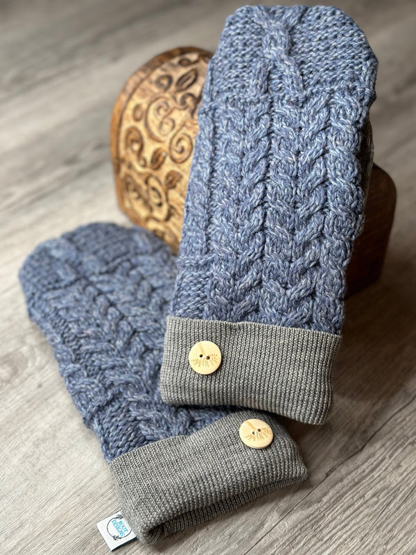 Adult Heathered Wedge Wood Blue Wool Mitts with Grey Cuffs