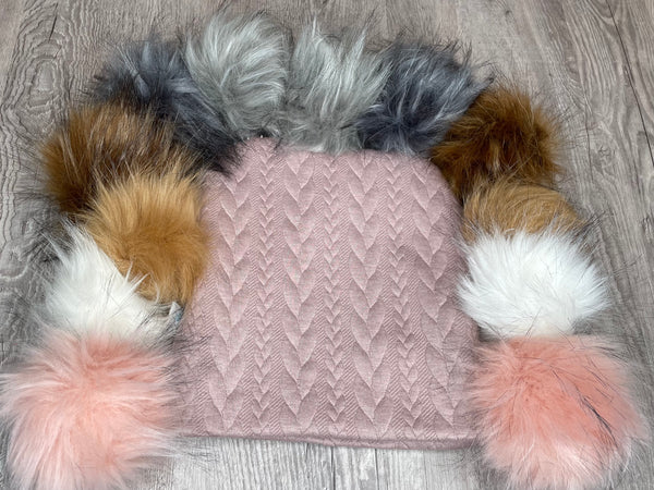 Cable Knit Rose Gold Double Pom Pom Toque