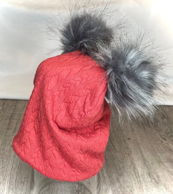 Cable Knit Coral Double Pom Pom Toque