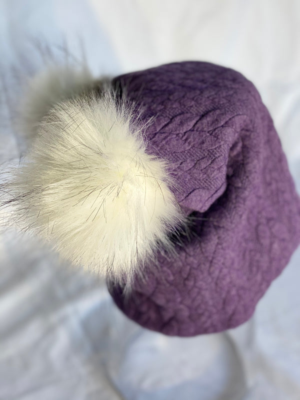 Cable Knit Heathered Purple Double Pom Pom Toque