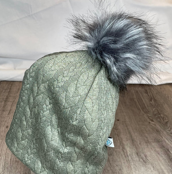 Cable Knit Heathered Olive Single Pom Pom Toque