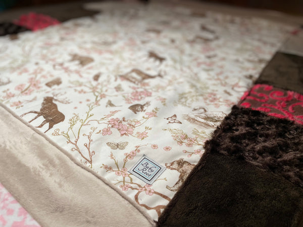 Pink & Chocolate Mountain Wildlife Quilted Blanket