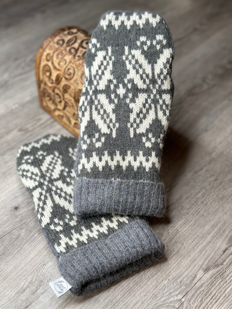 Adult Grey & Cream Cozy Wool Mitts with Grey Cuff