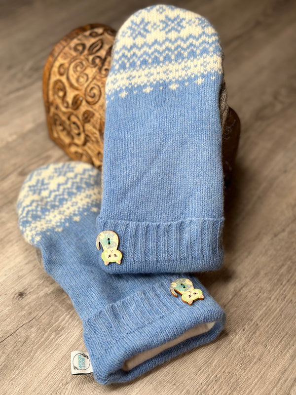 Adult Soft Blue & White Wool with Wood Cat Button Mitts