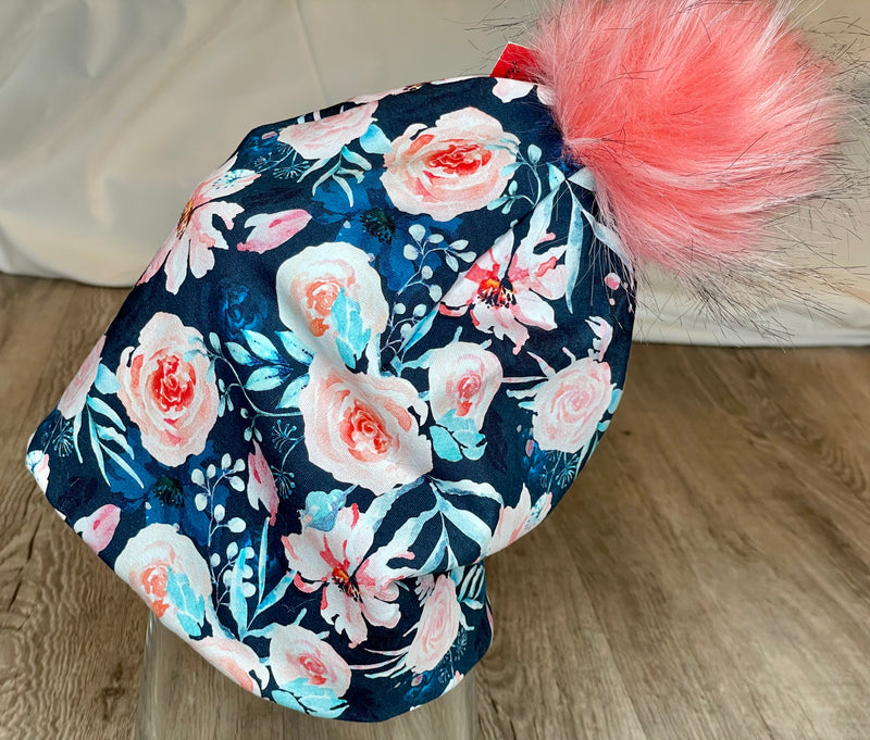 Coral & Teal Rose on Navy Toque