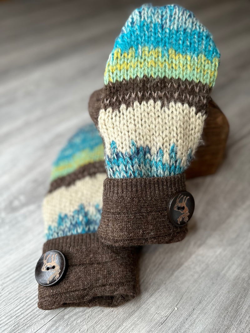 Adult Colourful Stripe & Brown Cuff Mitts with Buck Wood Button