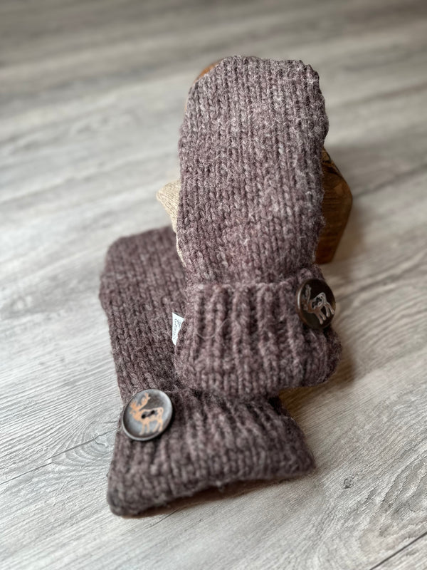 Adult Handsome Brown with Buck Wood Button Mitts & Thick Brown Cuff