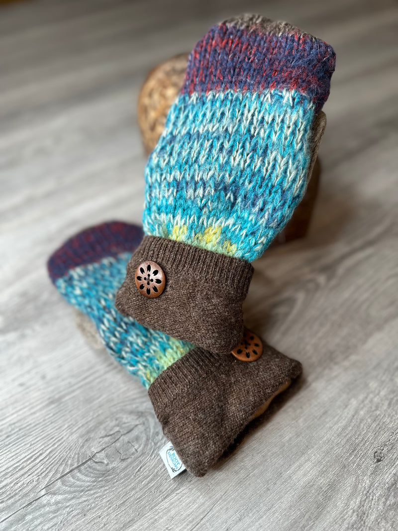 Adult Colourful Stripe & Brown Cuff Mitts with Round Wood Button