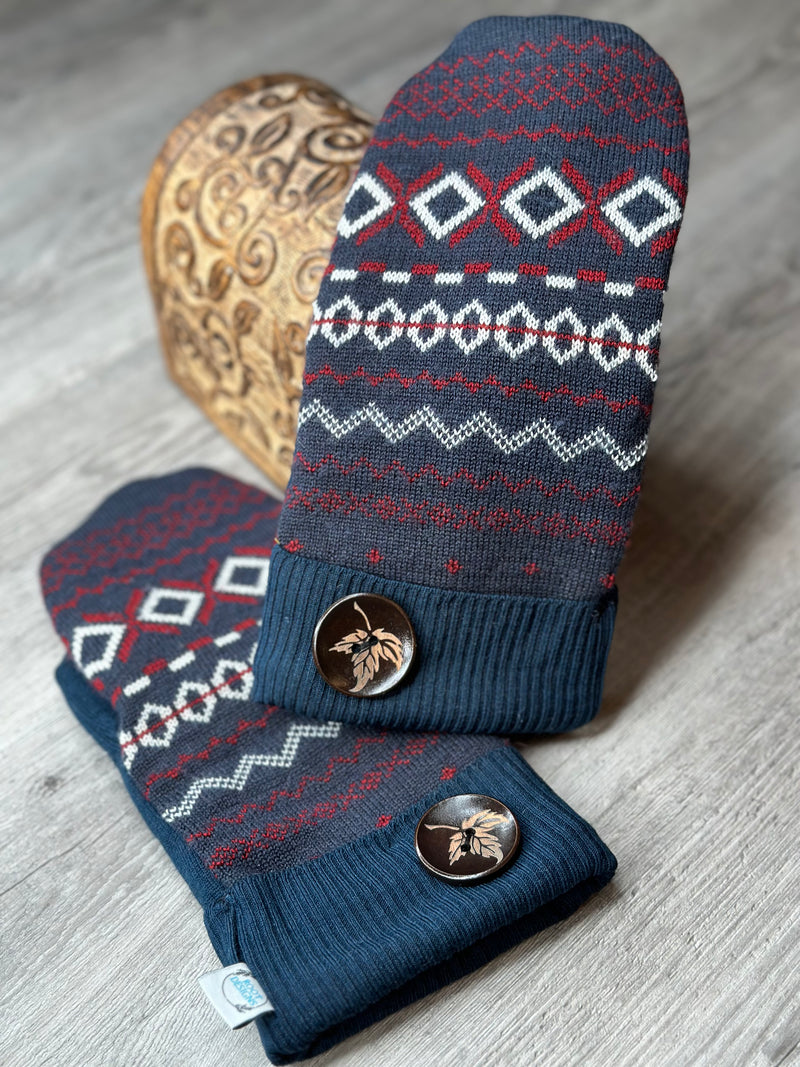 Adult Classic Red & Navy Pattern Wool Mitts with Wood Leaf Button