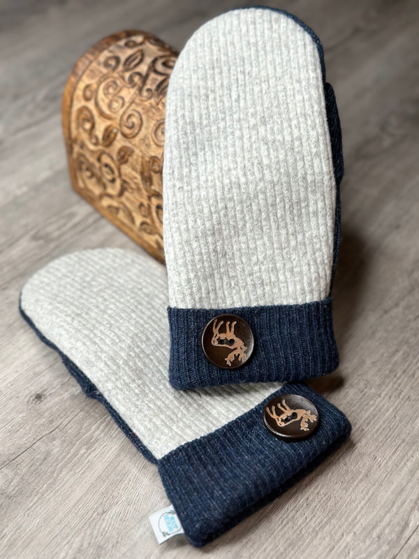 Adult Heathered Cream and Navy Cuff Wool Mitts with Buck Wood Button