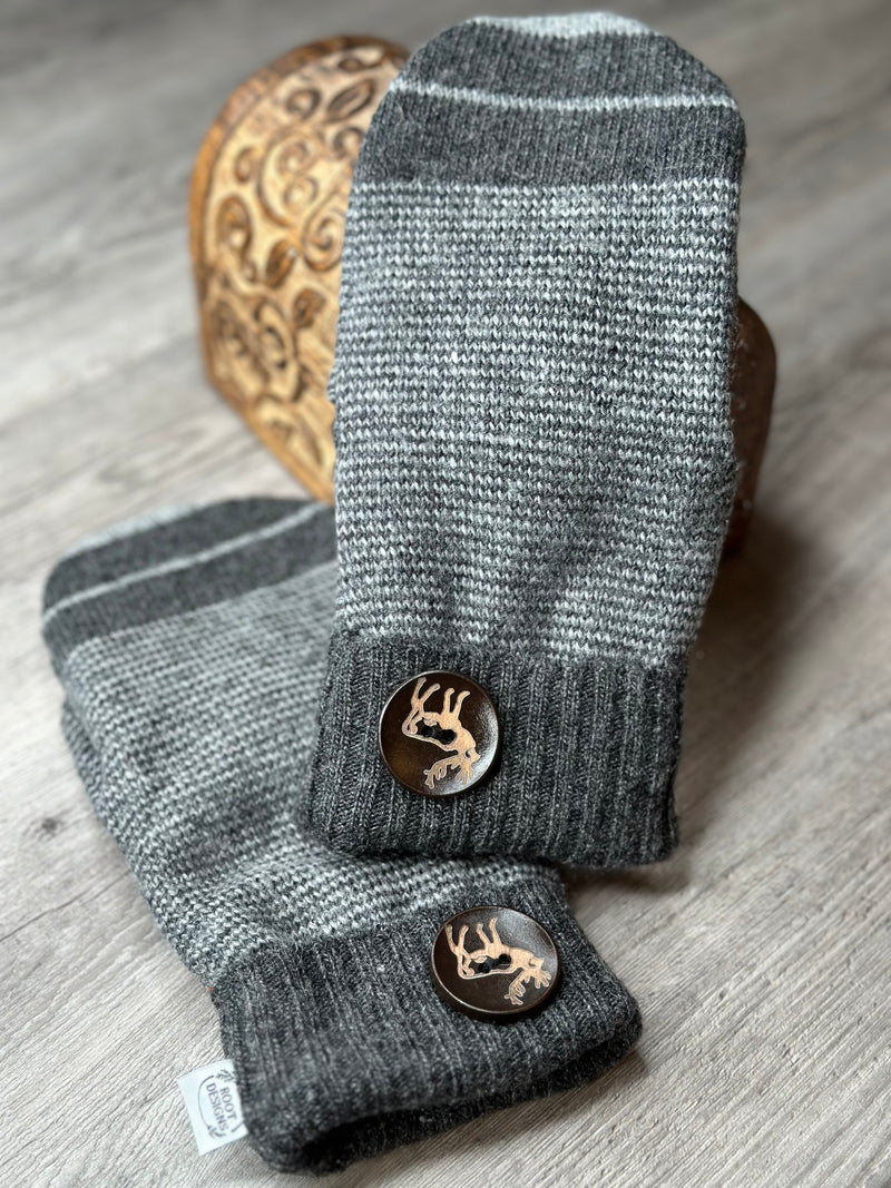 Adult Charcoal Stripe Mitts with Buck Wood Button