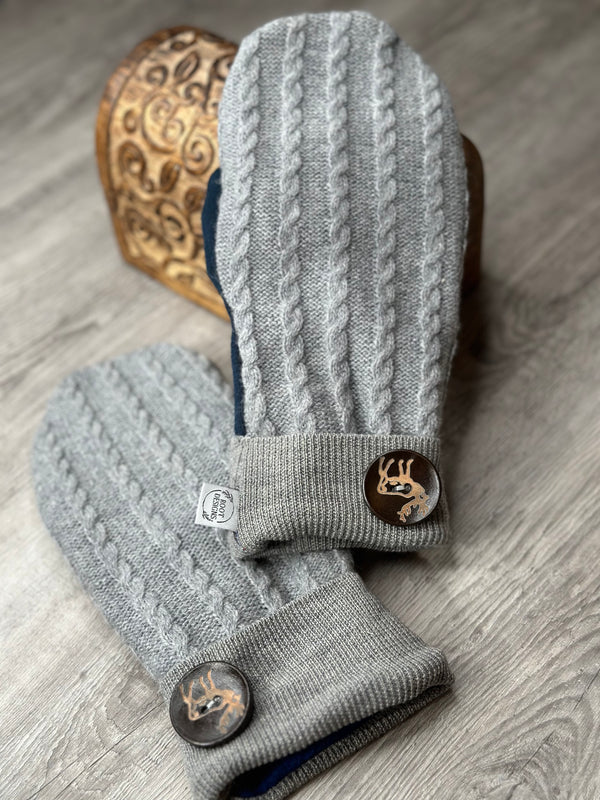 Adult Grey Cable Knit & Navy Palm Wool Mitts with Buck Wood Button