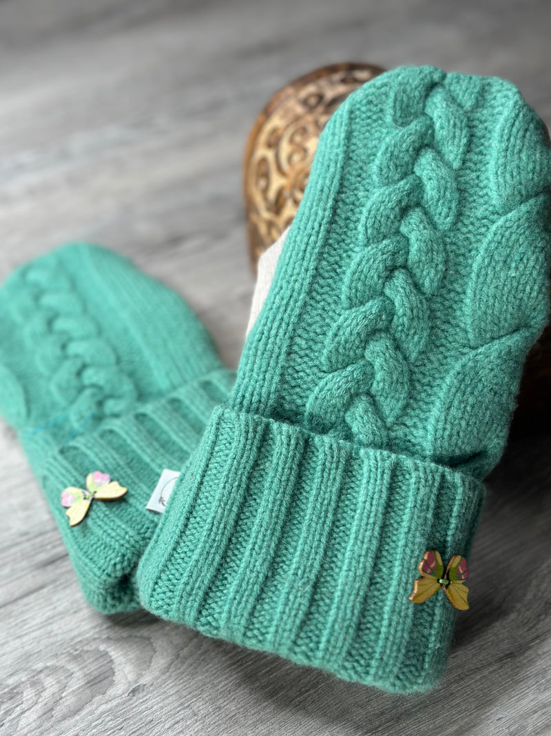 Adult Pale Green Wood Butterfly Button Mitts