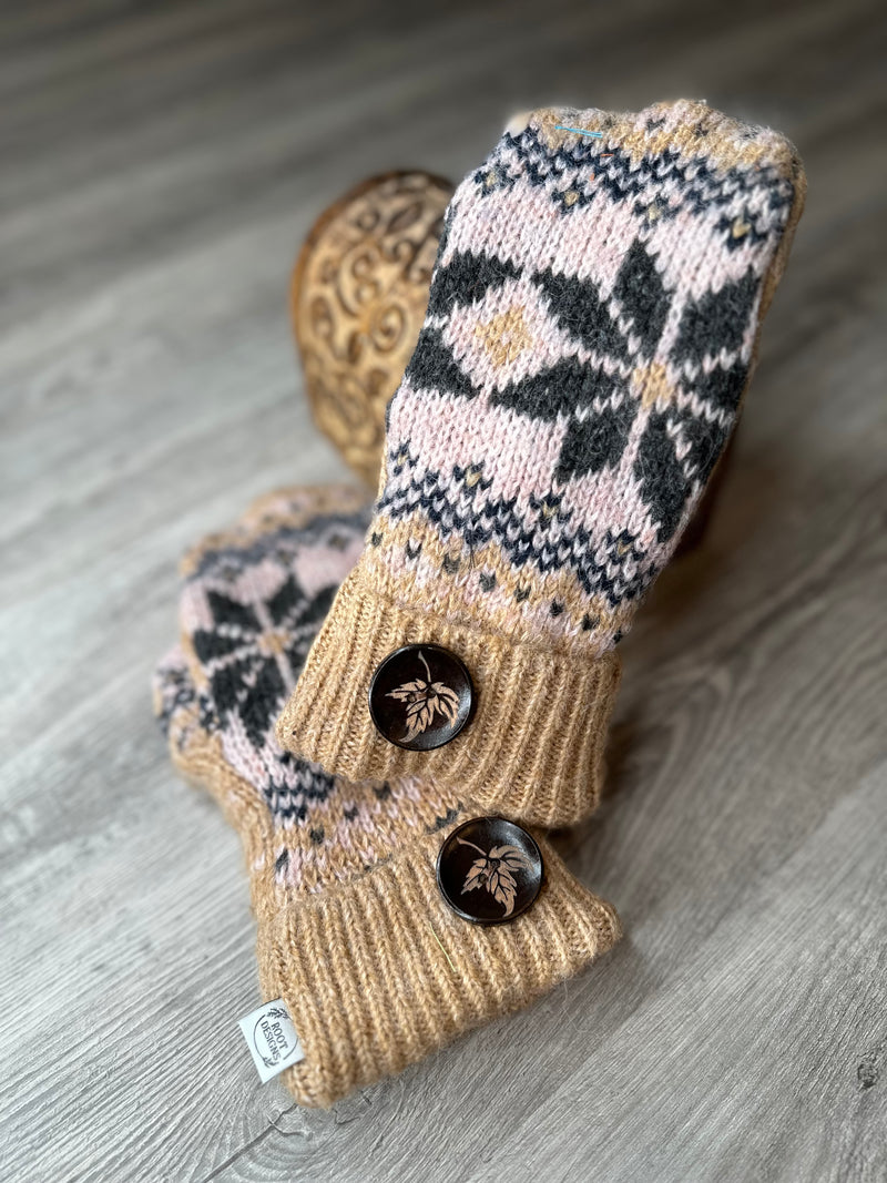 Adult Pink & Caramel Cuff Mitts with Leaf Wood Button