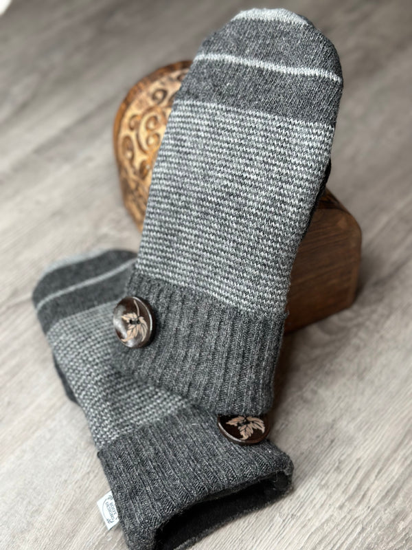 Adult Charcoal Stripe Mitts with Leaf Wood Button