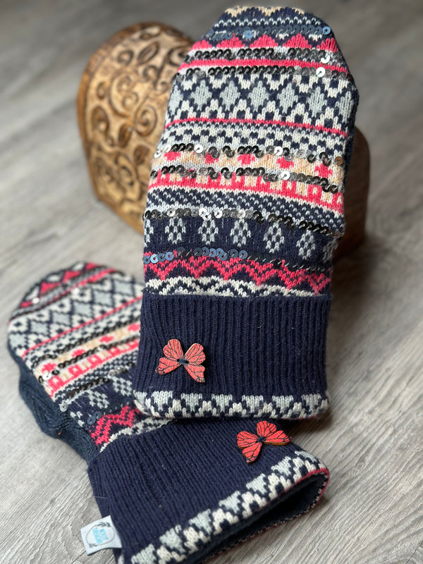 Adult Sparkle Navy & Pink Pattern Mitts with Wood Butterfly Button