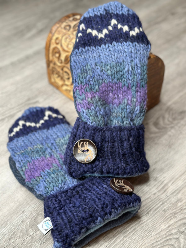 Adult Blues Stripe & Pattern Mitts with Buck Wood Button