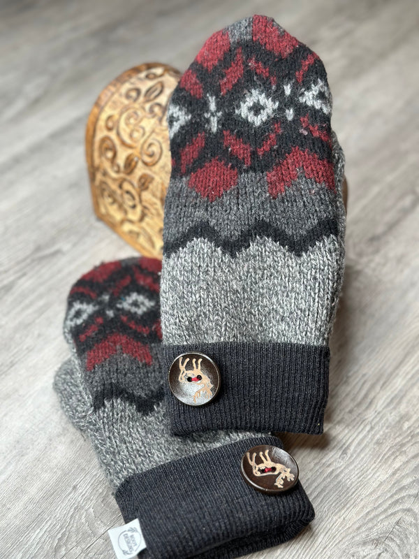 Adult Black, Charcoal and Merlot Pattern Wool Mitts with Buck Wood Button