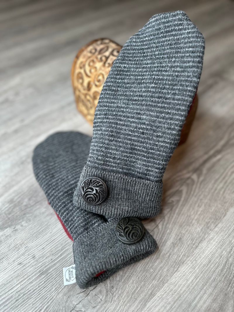 Adult Charcoal Stripe Mitts with Rose Wood Button