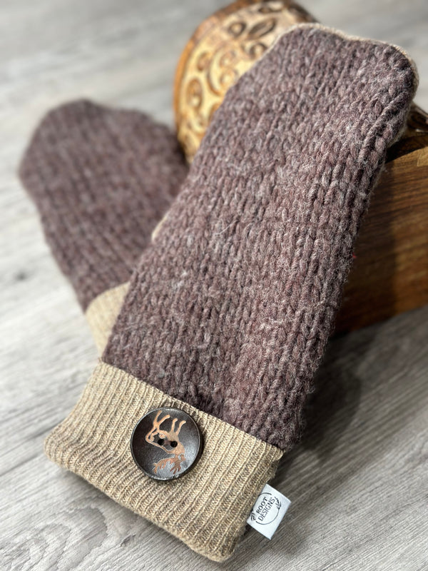 Adult Handsome Brown with Buck Wood Button Mitts