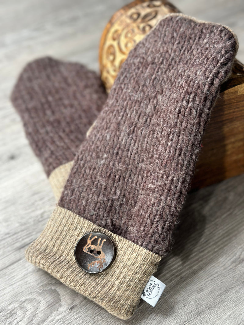 Adult Handsome Brown with Buck Wood Button Mitts