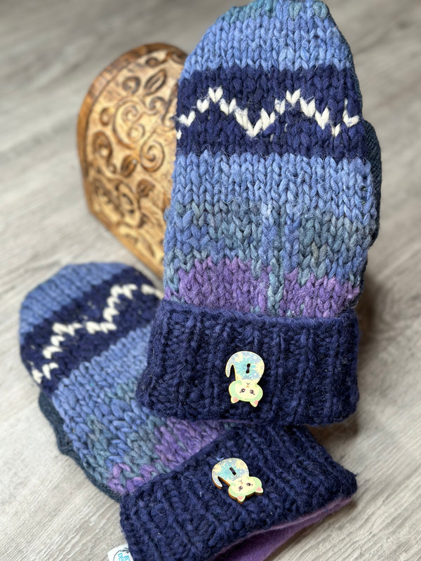 Adult Blues Stripe & Pattern Wool Mitts with Cat Wood Button