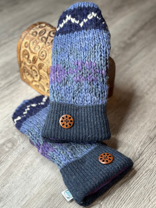 Adult Blues Stripe & Pattern Wool Mitts with Round Wood Button