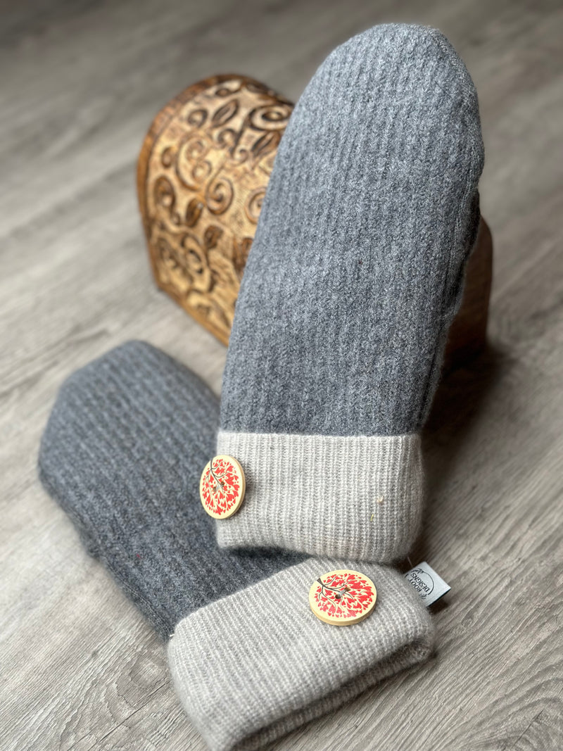 Adult Grey and Light Grey Mitts with Tree of Life Wood Button