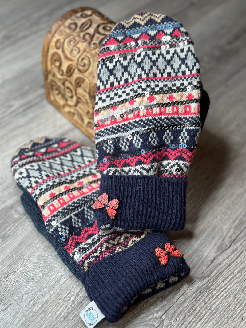 Adult Sparkle Navy & Pink Pattern Mitts with Wood Butterfly Button