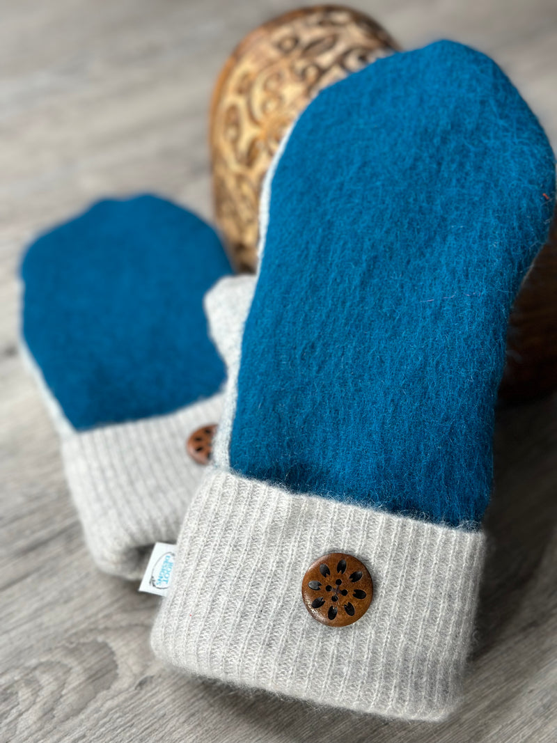 Adult Pacific Ocean Blue with Creamy Cuff & Round Wood Button Mitts