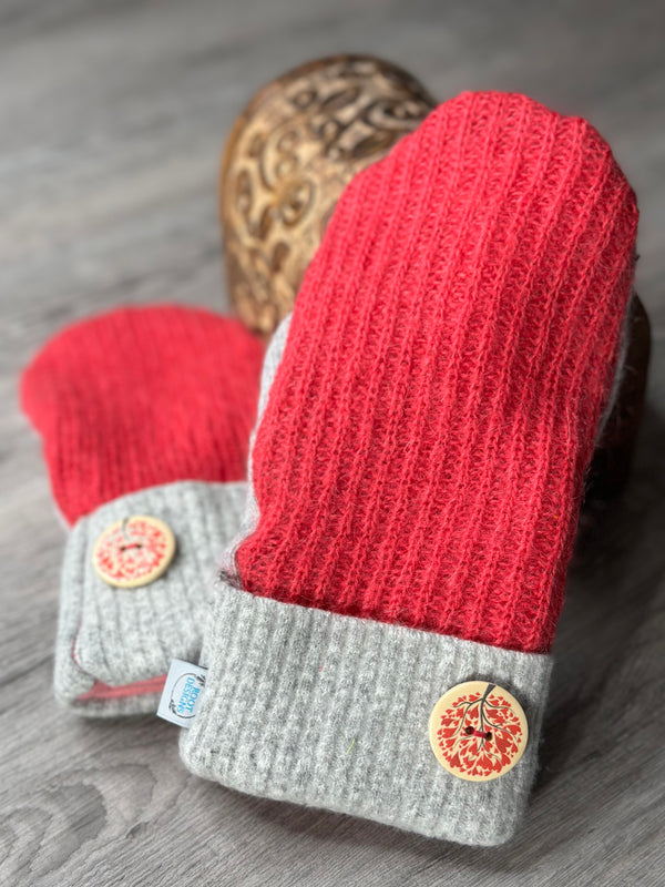 Adult Pink & Light Grey Cuff with Floral Tree Round Wood Button Mitts