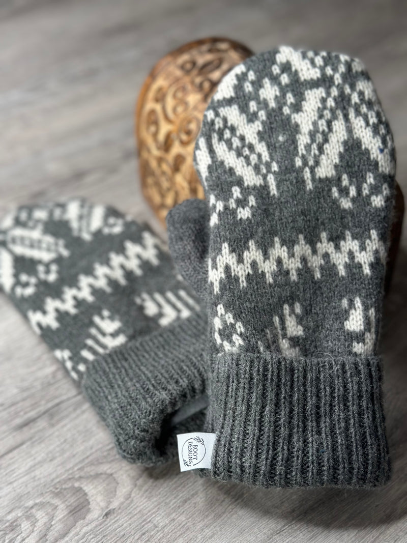 Adult Grey & Cream Cozy Wool Mitts with Dark Grey Cuff