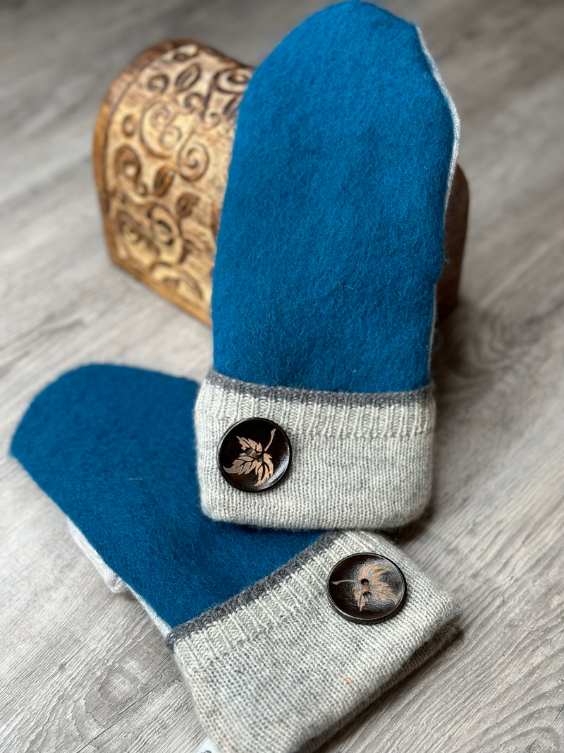 Adult Pacific Ocean Blue with Light Grey/Dark Grey Cuff Mitts & Leaf Wood Button