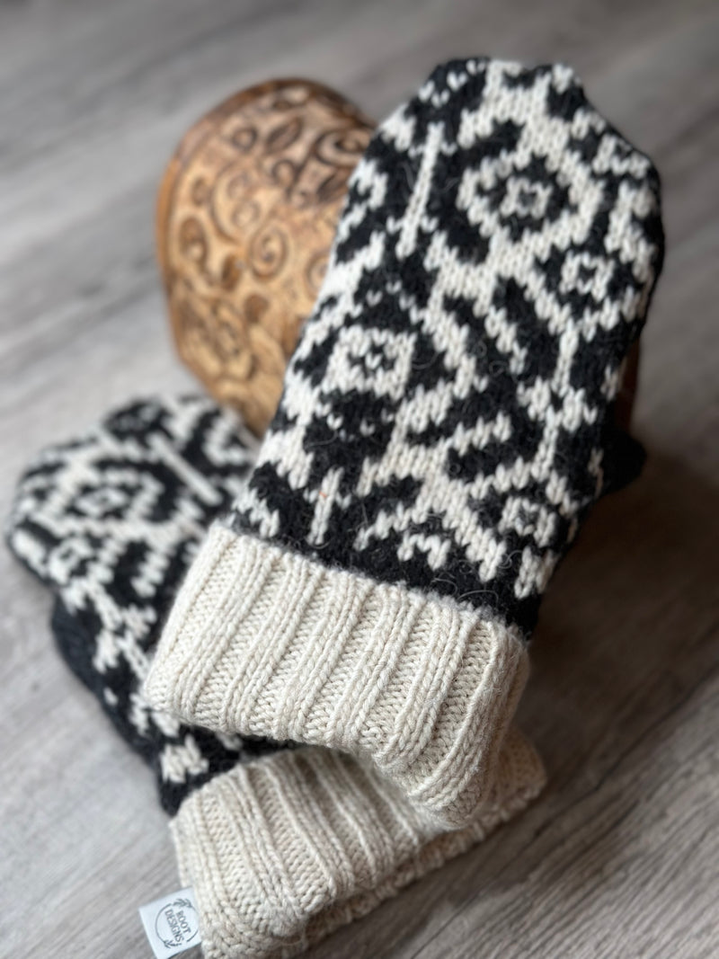 Adult Black & Cream Wool Mitts with Cream Cuff