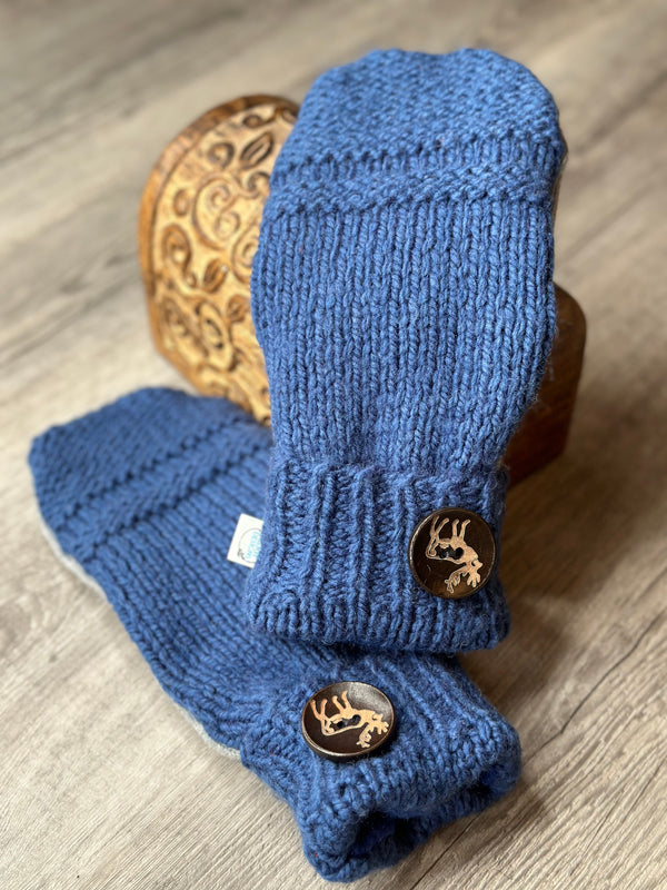 Adult Royal Blue Wool Mitts with Buck Button