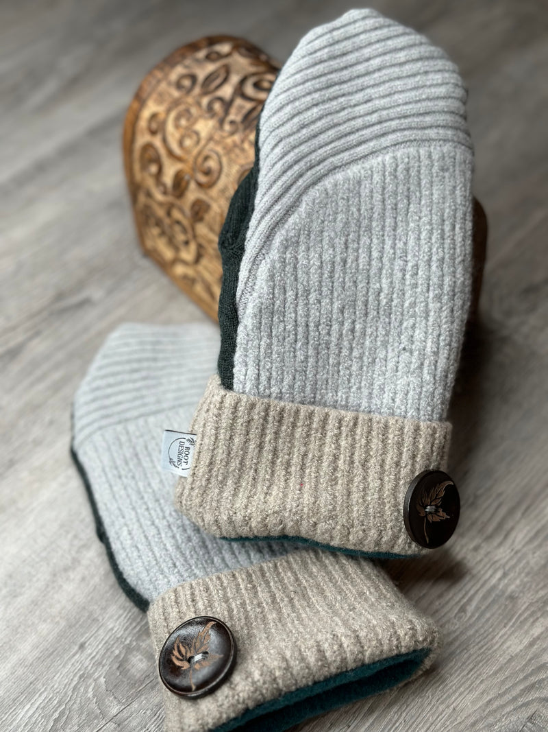 Adult Grey, Coffee Cream and Forest Green Mitts with Leaf Wood Button