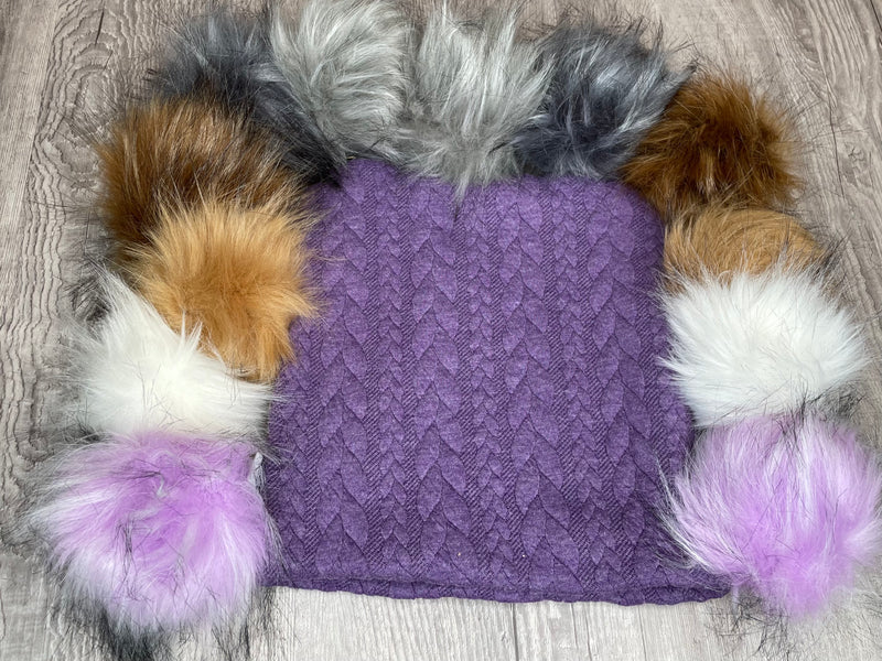 Cable Knit Heathered Purple Double Pom Pom Toque