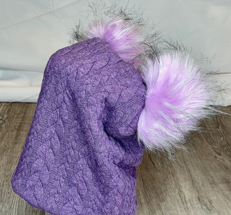 Cable Knit Heathered Purple Double Pom Pom Toque