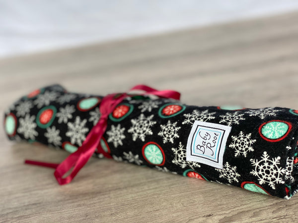 Snowflakes on Black Flannel Swaddle Blanket